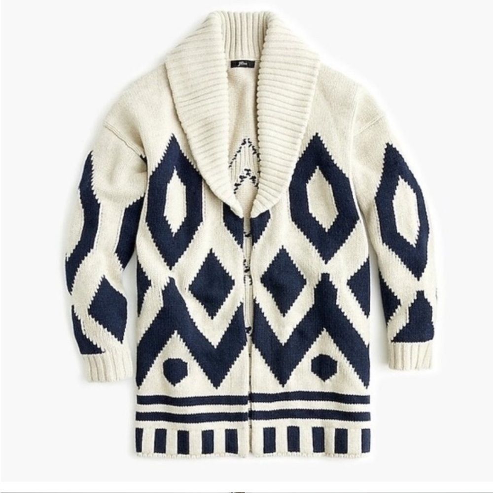 J. Crew Cream and Navy Geometric Cardigan